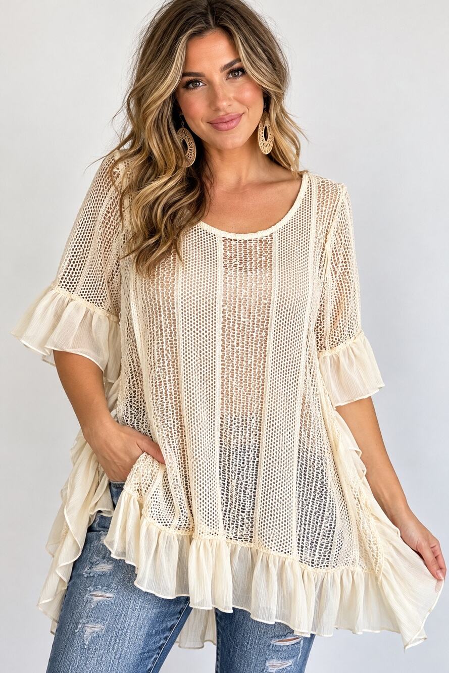 Krazy Kat Women’s L Cream Crochet Lace Tunic Top Ruffle Hem Boho Cottagecore